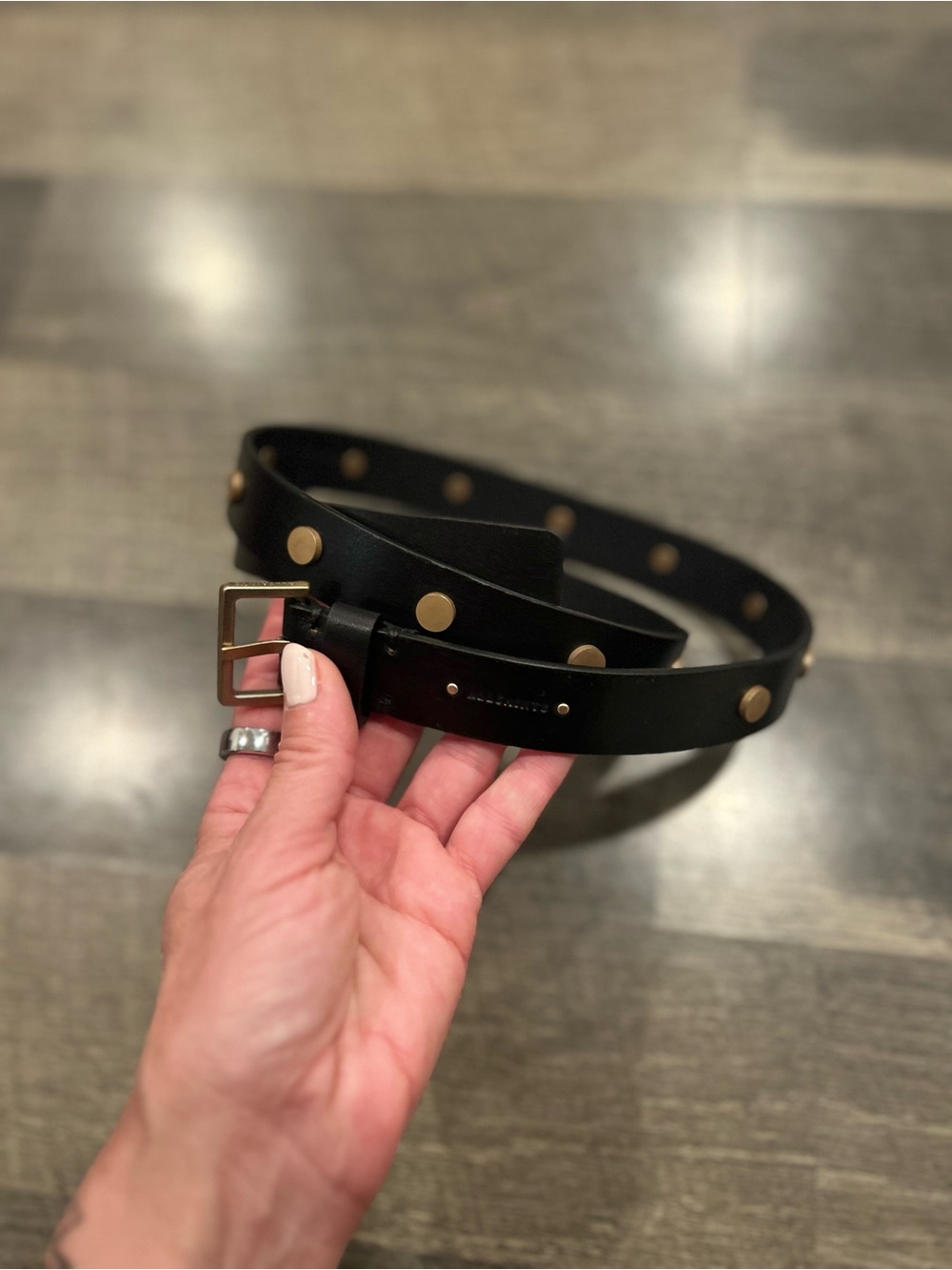 All Saints Black Leather Stud Belt with Gold-Tone Accents/new
